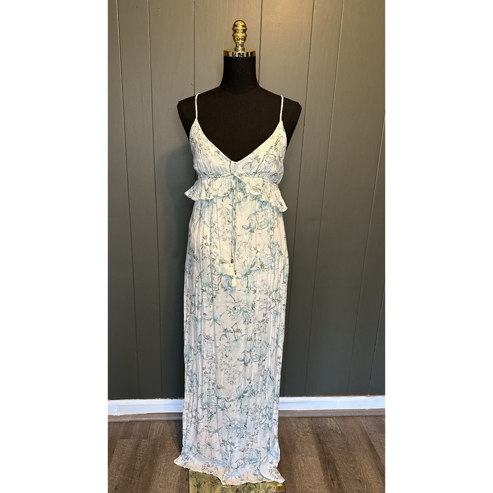 NWT Lovestitch Textured Blue Cream Floral V Neck Maxi Dress Sundress Slit‎ Small